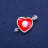 Sale! Heart Brooch with Red Enamel, White Rhinestones and Seed Bead, 25x42mm, Silver-tone Metal