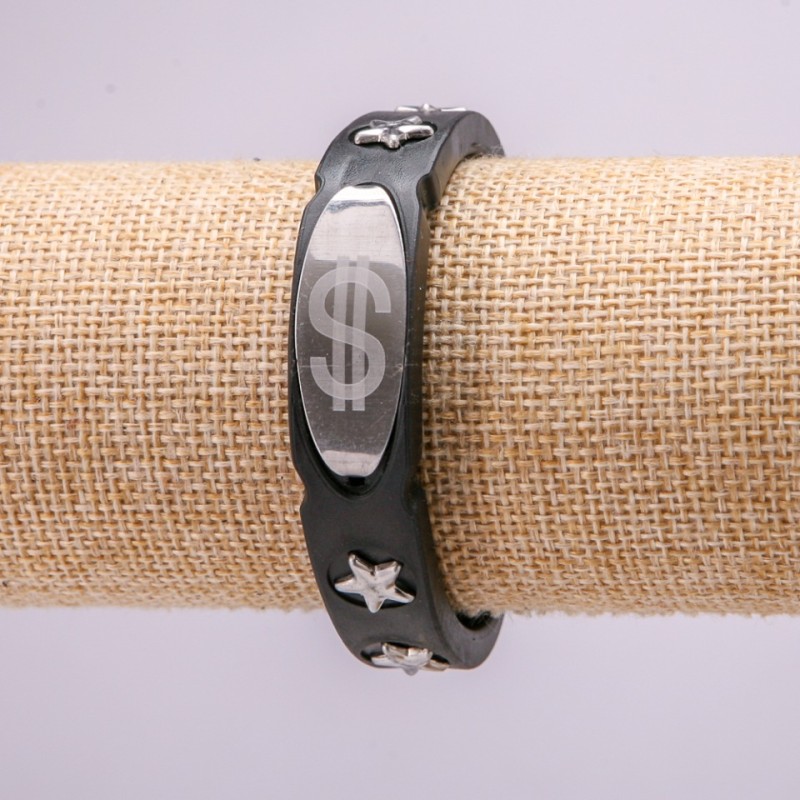 Bracelet with metal inserts, 21 cm long, 15 mm thick rubber, black, with clasp