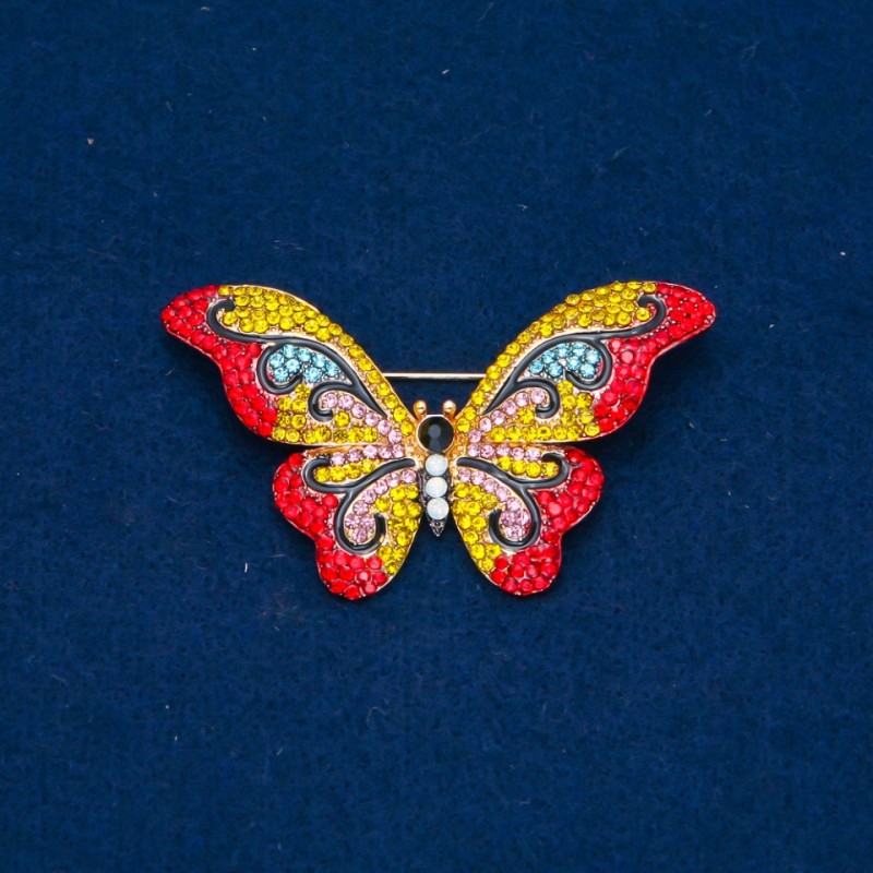 Sale! Butterfly Brooch with Multicolored Rhinestones, Gold-Tone Metal 35×58 mm +