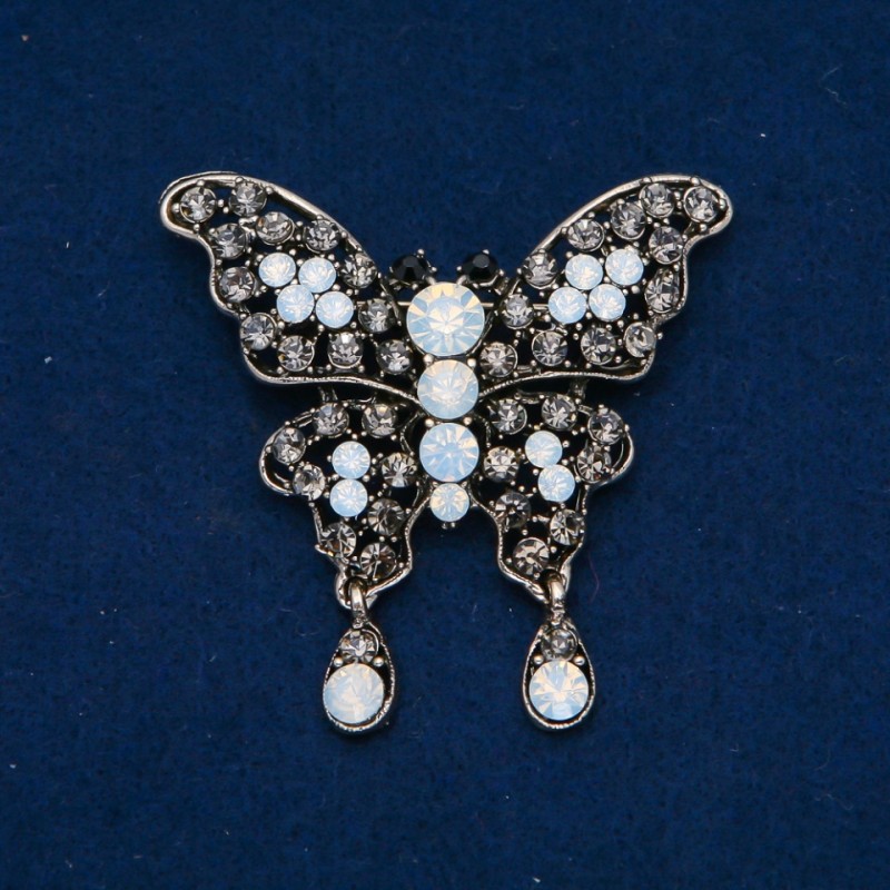 Sale! Butterfly Brooch with White Matte and Gray Crystals, Silver-Tone Dark Metal 35x48mm +