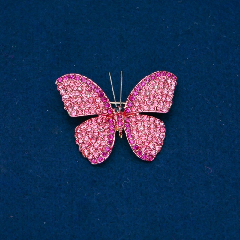 Sale! Butterfly Brooch with Pink and Raspberry Crystals, Gold-Tone Metal 35x45 mm +