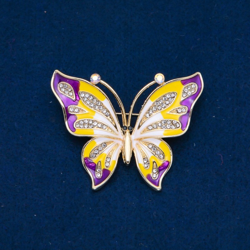 Sale! Butterfly Enamel Brooch with White Rhinestones, Gold-Tone Metal 54×43 mm +