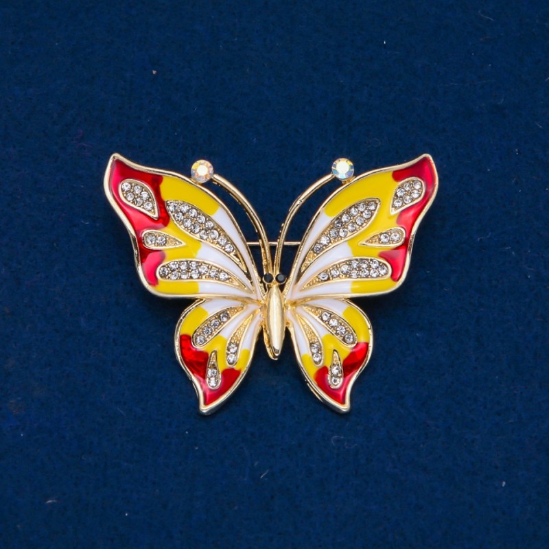 Sale! Butterfly Brooch with Enamel, White Crystals, Gold-tone Metal 54×43 mm +
