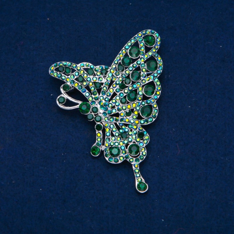 Sale! Butterfly Brooch with Green and Petrol Crystals, Gold-Tone Metal 75×50 mm +