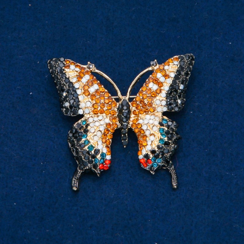 Sale! Butterfly Brooch with Multicolored Rhinestones, Gold-tone Metal 50×55 mm +