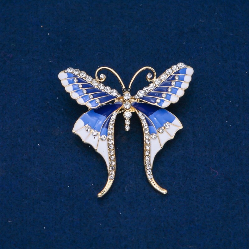 Sale! Butterfly Brooch with White Rhinestones, Blue and White Enamel, Golden Metal 48x50 mm +