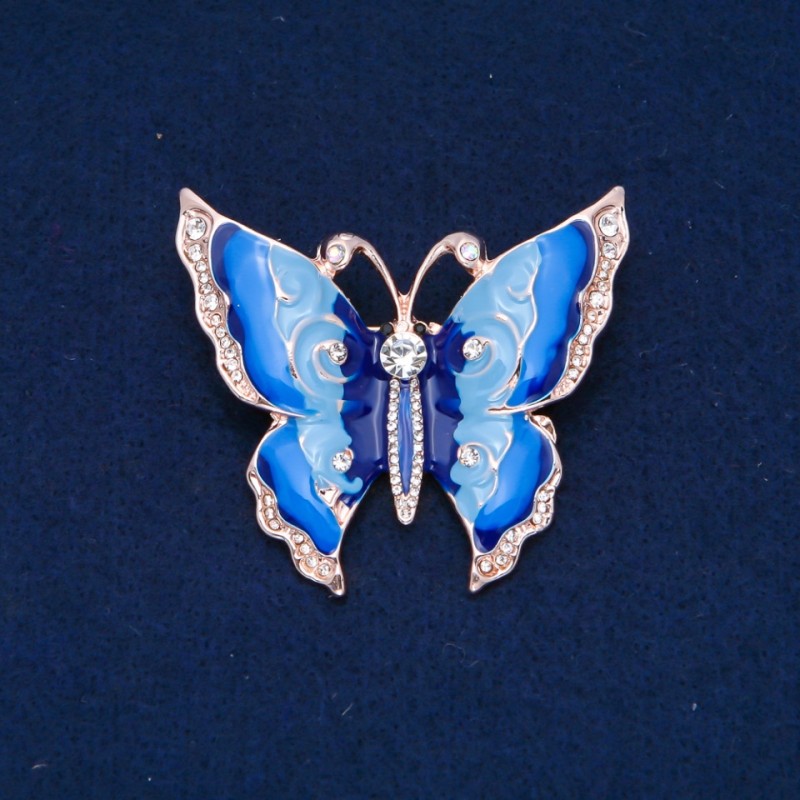 Sale! Butterfly Brooch with white rhinestones, light blue and blue enamel, gold-tone metal 47×52 mm +