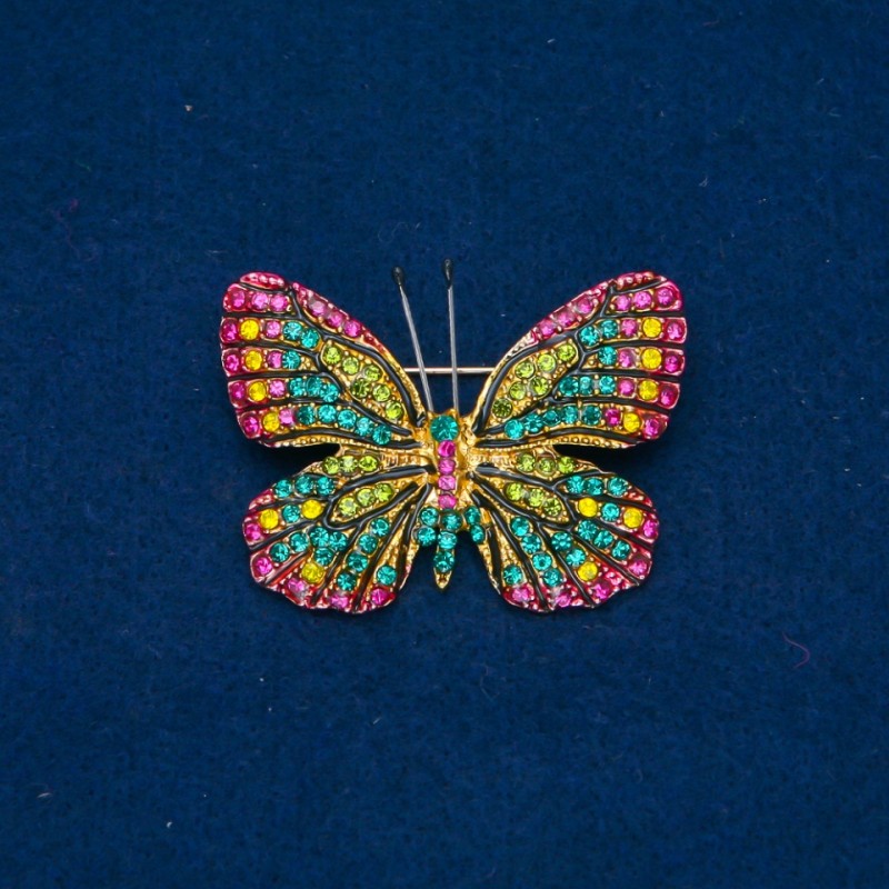 Sale! Butterfly Brooch with Yellow, Green, and Magenta Rhinestones in Gold-Tone Metal 35×48 mm +