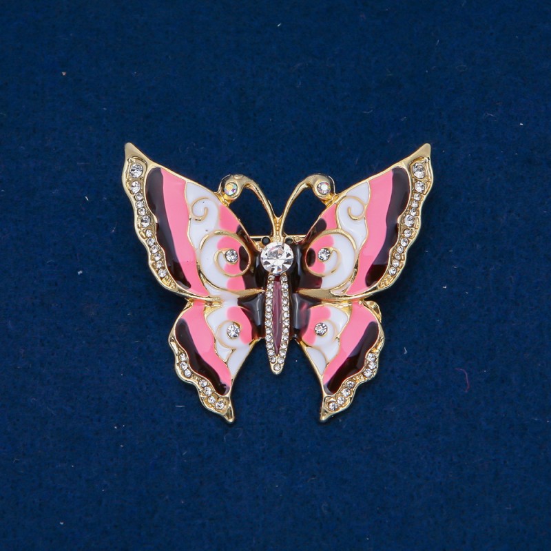 Sale! Butterfly Brooch, golden metal, enamel, white rhinestones 46x52mm +