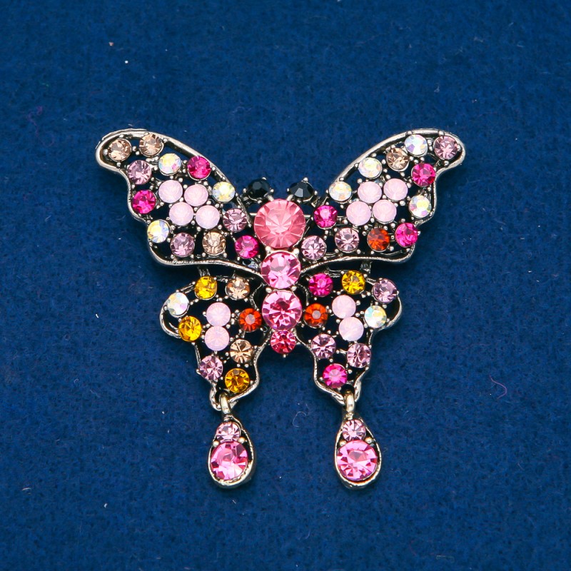 Sale! Brooch 'Butterfly' in golden metal with multicolor rhinestones, 48×60 mm +