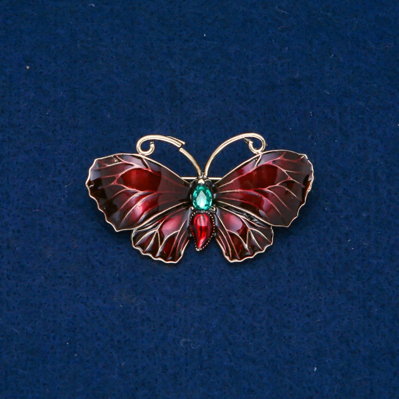 Sale! Butterfly Brooch with Golden Metal, Enamel, Green Rhinestone, 48×27 mm