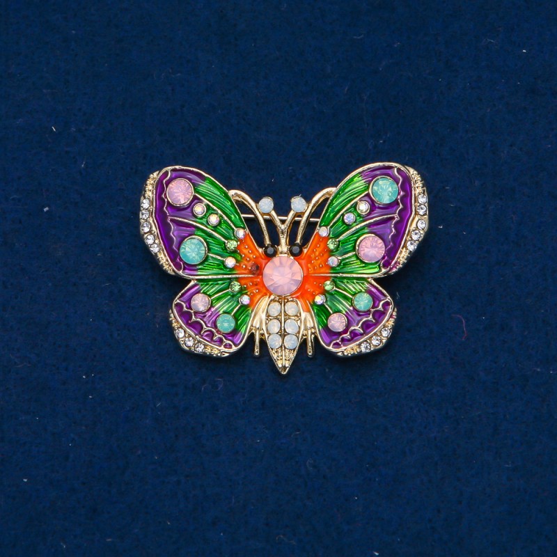 Sale! Butterfly Brooch in Golden Metal, Enamel, Pink, Green and White Rhinestones 44×30 mm +