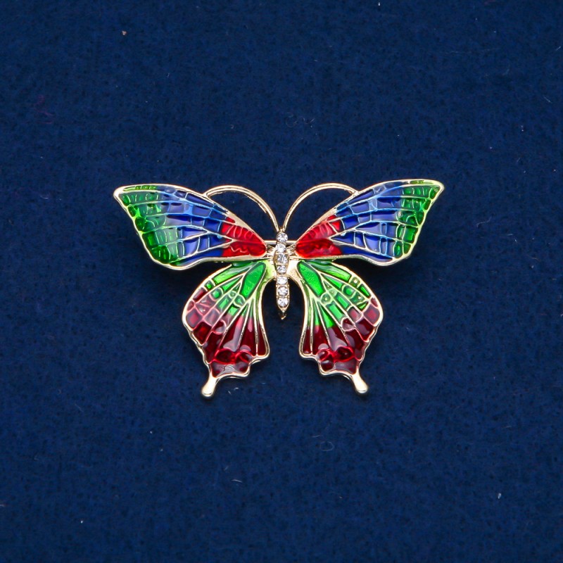 Sale! Butterfly Brooch in gold-toned metal with enamel and white crystals 30×50 mm +