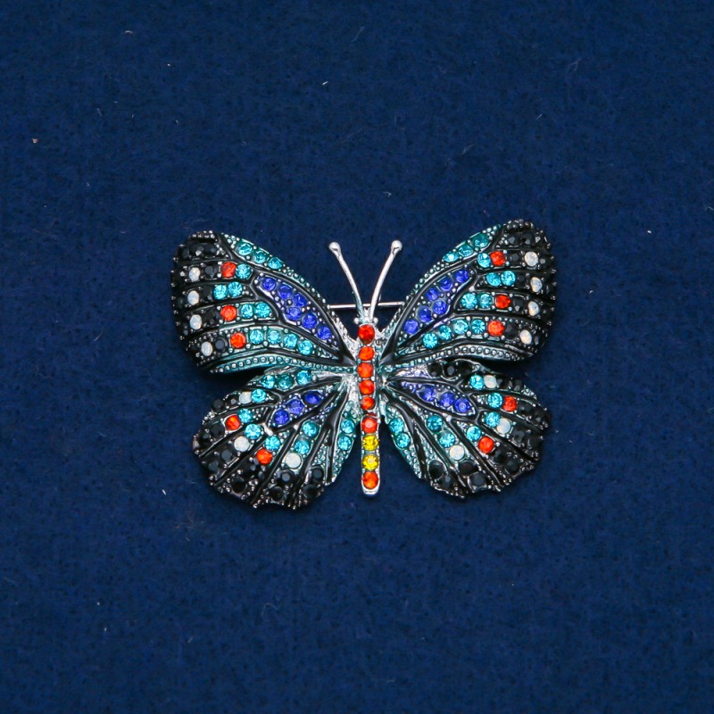 Sale! Butterfly Brooch, silver-toned metal, multicolored rhinestones 35×50 mm +