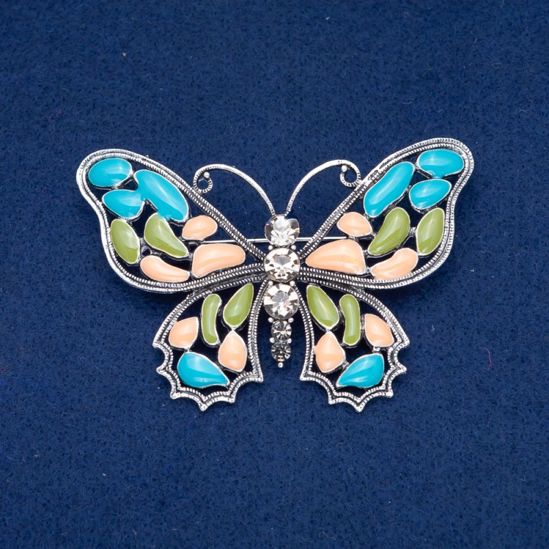 Sale! Butterfly Brooch in silver-toned metal, enamel and white rhinestones 48x70 mm +