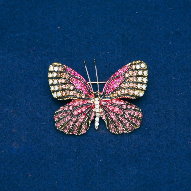 Sale! Gold-Tone Butterfly Brooch with Pink, Gold-Tone and White Crystals, 38x47 mm +