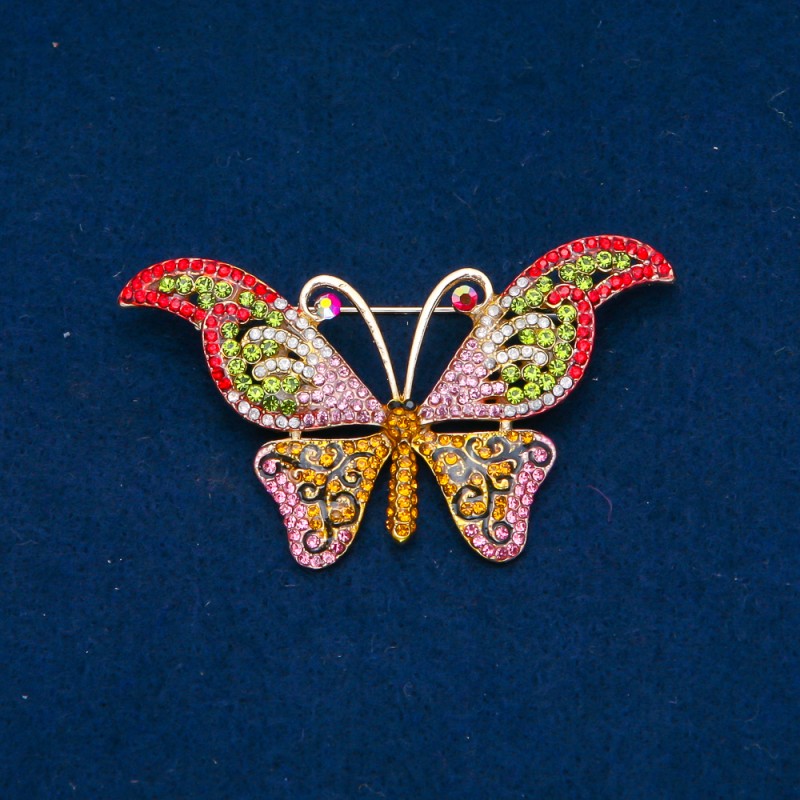 Sale! Butterfly Brooch in Gold-tone Metal, Multicolor Rhinestones 64x37 mm +