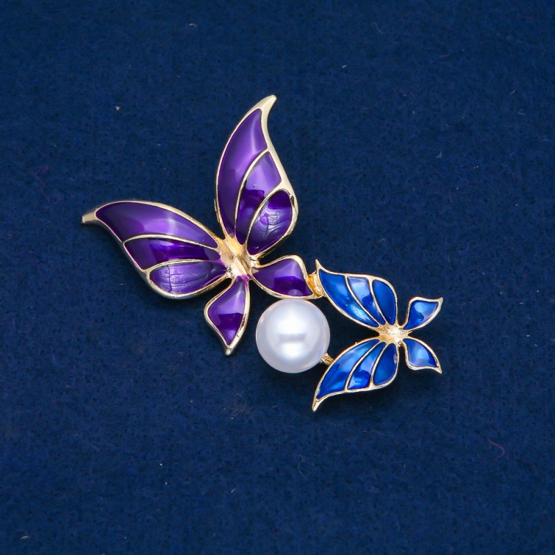 Sale! Butterflies Brooch with gold-tone metal, blue and purple enamel, white bead 65×38 mm +