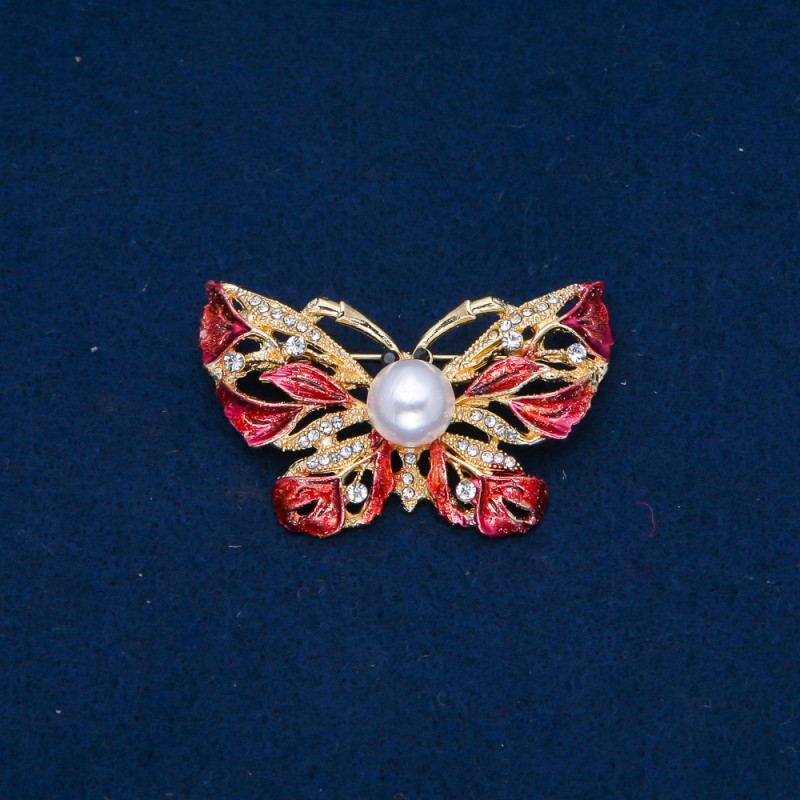 Sale! Butterfly Brooch in gold-tone metal, red enamel, white crystals and a pearl bead 46×30 mm +