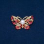 Sale! Butterfly Brooch in gold-tone metal, red enamel, white crystals and a pearl bead 46×30 mm +