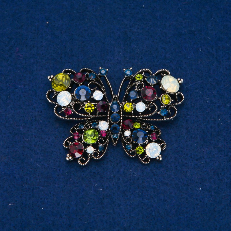 Sale! Butterfly Brooch in dark-gold metal with white rhinestones 38x54 mm +
