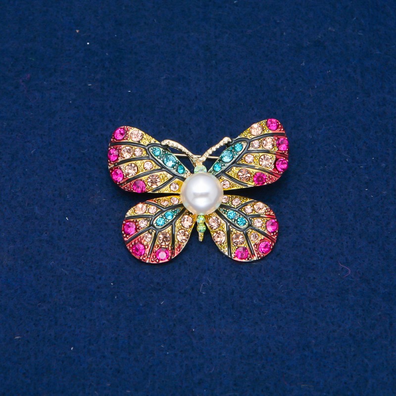 Sale! Brooch 'Butterfly' with Golden Metal and Rhinestones 33×42 mm +