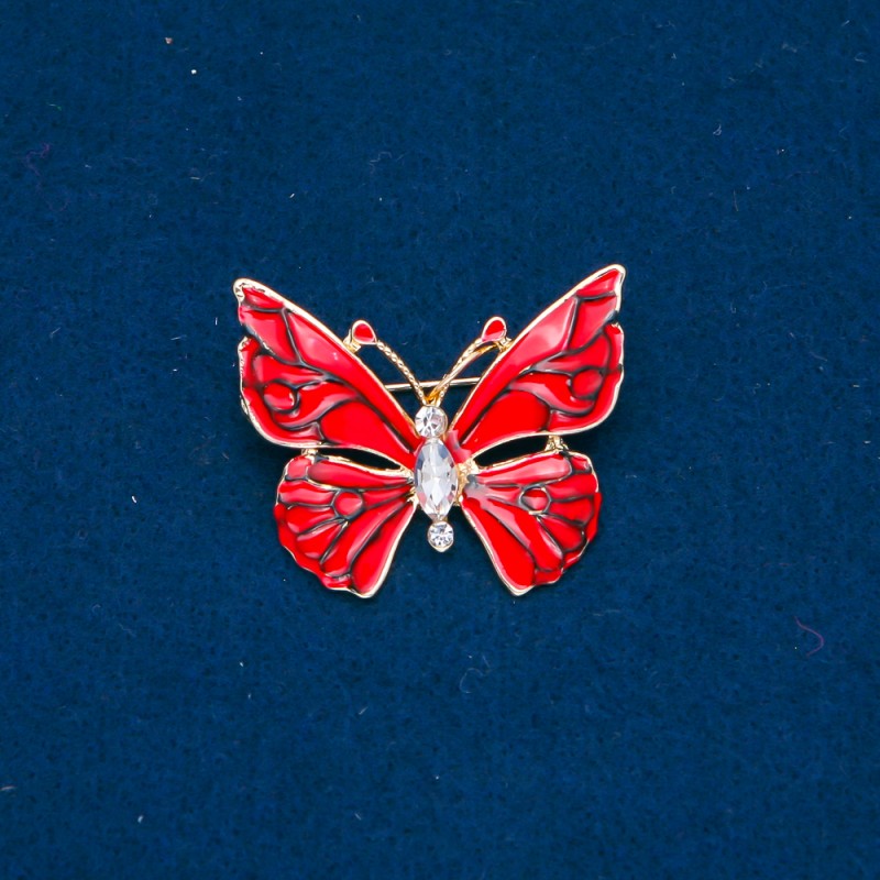 Sale! Butterfly Brooch with gold-tone metal, red enamel and white crystals 32×37 mm +