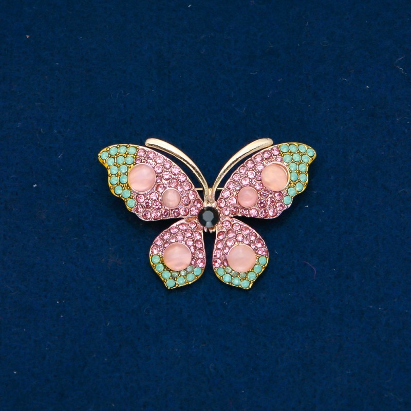 Sale! Butterfly Brooch with Gold-Toned Metal, Pink and Turquoise Rhinestones and Pink Beads 34x48 mm +