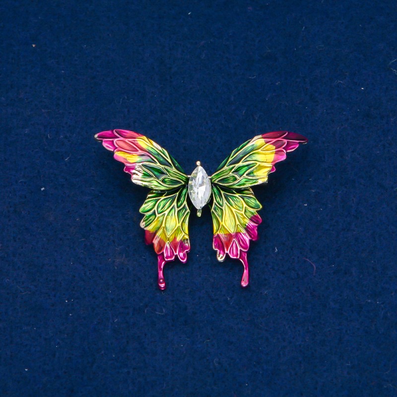 Sale! Butterfly Brooch - gold-toned metal, enamel, and white crystal, 38×50 mm +