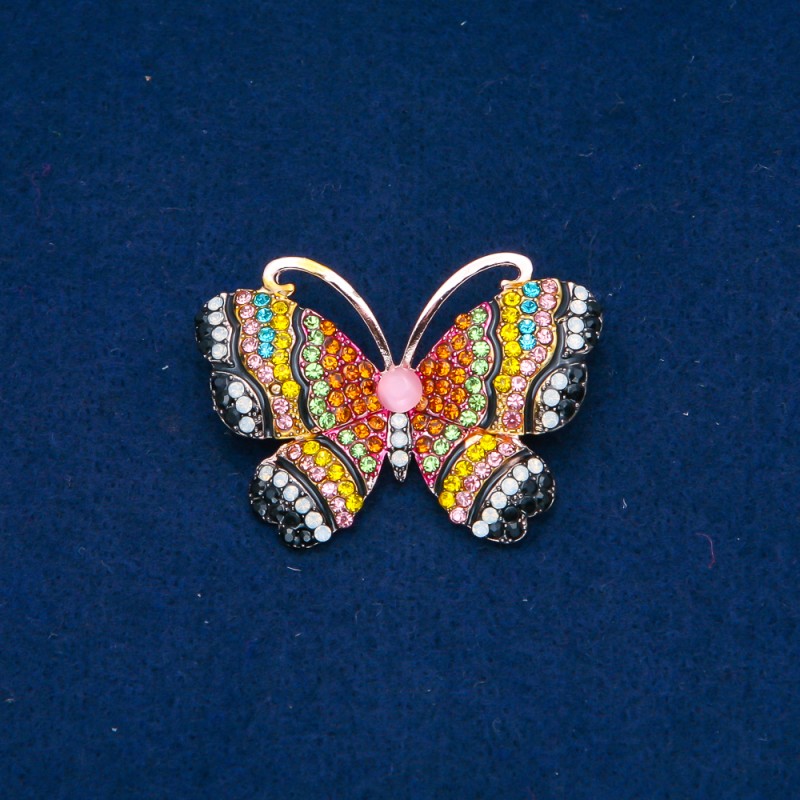 Sale! Butterfly Brooch in Gold-Tone Metal, Multicolored Rhinestones and Bead, 34x45 mm +