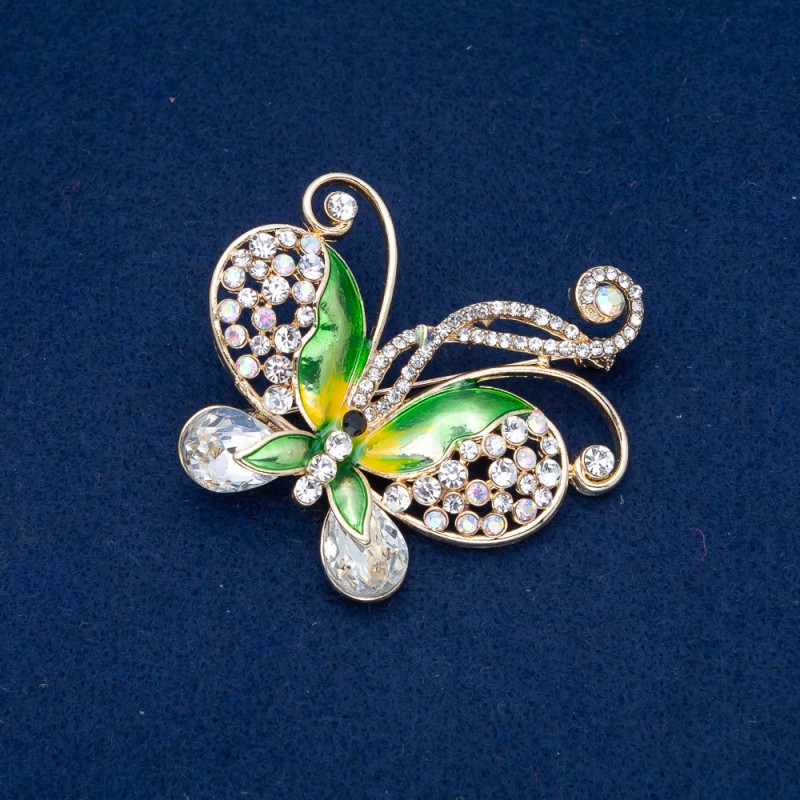 Sale! Butterfly Brooch in gold-tone metal, white and gasoline rhinestones, enamel and white crystals 52×55 mm +