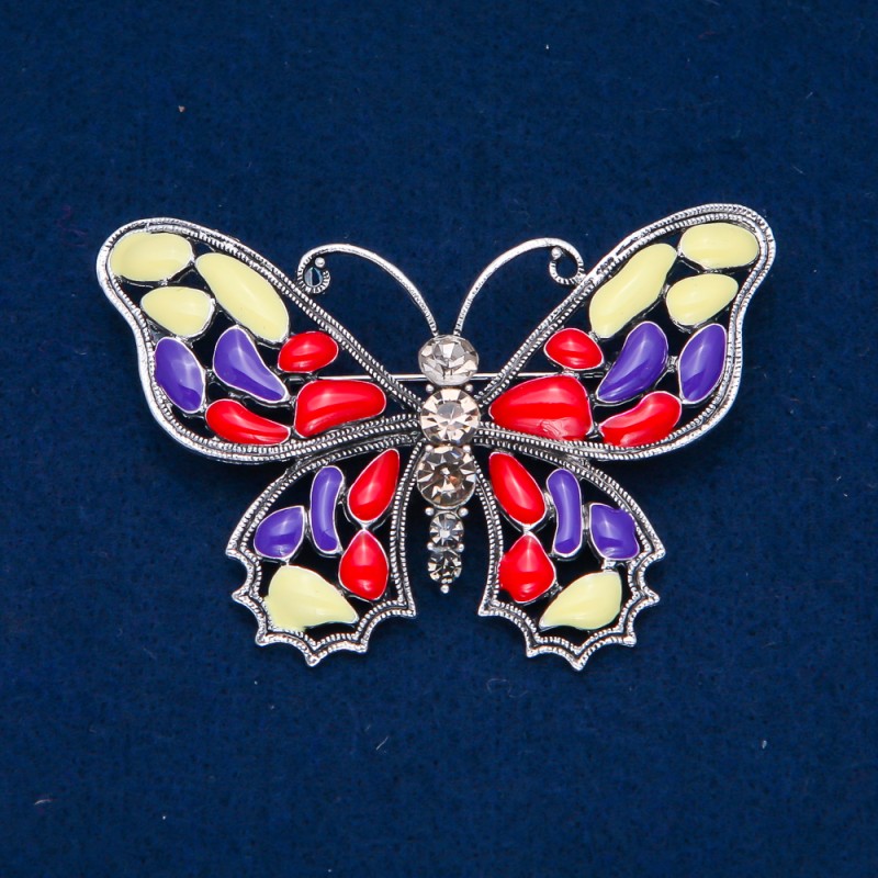 Sale! Butterfly Brooch, silver-tone metal, enamel and white rhinestones, 48×70 mm +