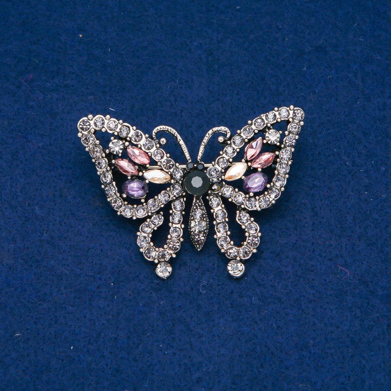 Sale! Butterfly Brooch, gold-tone metal, gray, purple, pink and yellow rhinestones, 38×52 mm +