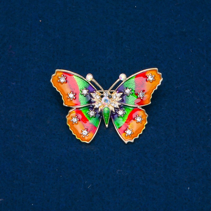 Sale! Butterfly Brooch - Gold-Toned Metal, Enamel and White Rhinestones 30×44 mm +