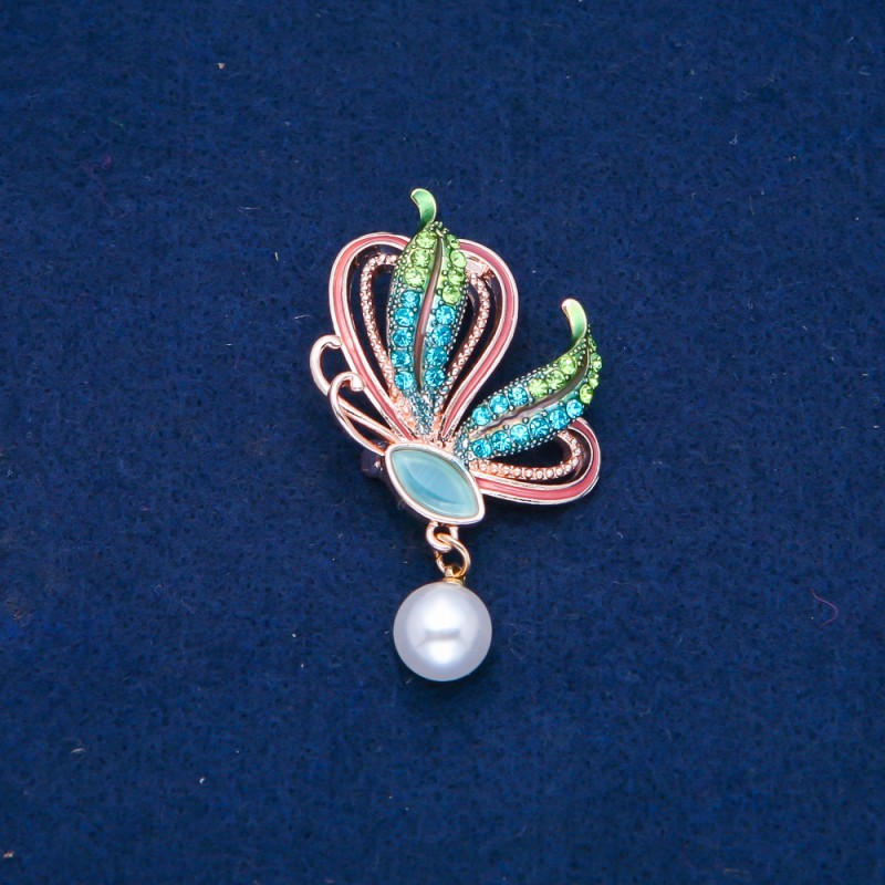 Sale! Gold-toned metal butterfly brooch with enamel, bead, and green and blue crystals, 35×40 mm +