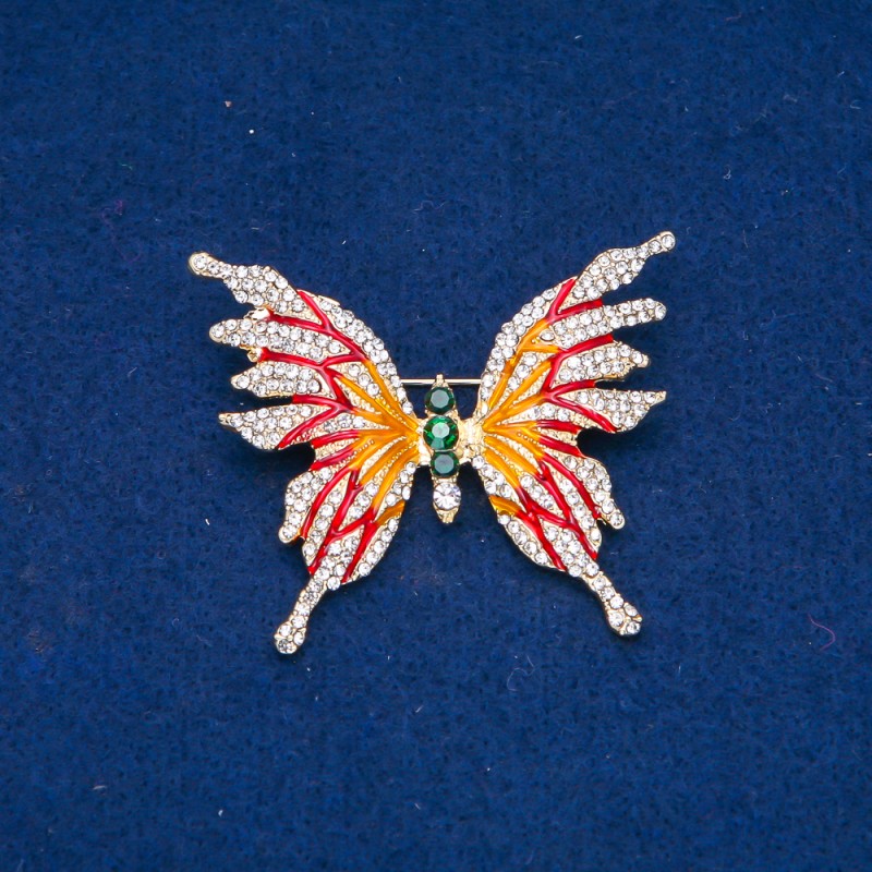 Sale! Butterfly Brooch in Gold-Tone Metal with Enamel and White and Green Rhinestones, 42×50 mm +