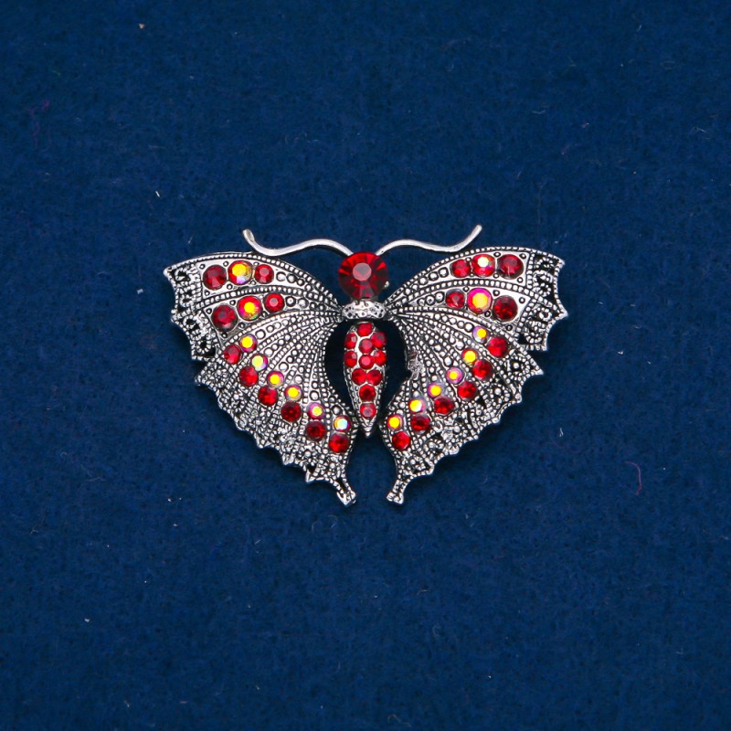 Sale! Silver-tone Butterfly Brooch with Burgundy and Petrol Crystals 35x50 mm +