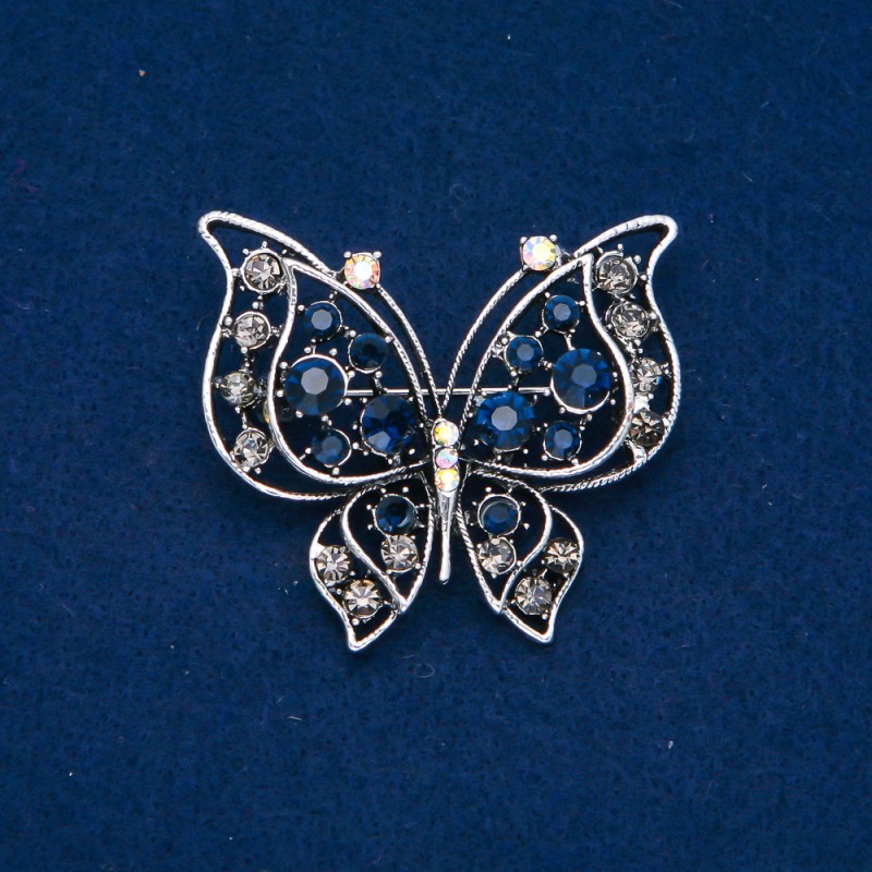 Sale! Butterfly Brooch, Silvery Metal, colors: blue, gray, white and petrol rhinestones, 46x52 mm +