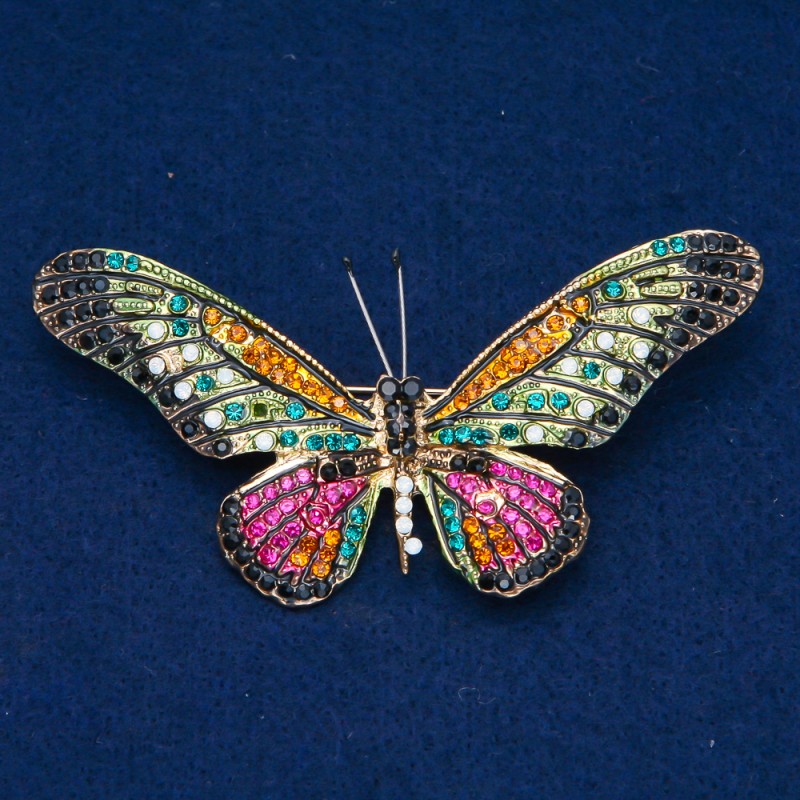 Sale! Butterfly Brooch with Golden Metal and Multicolored Rhinestones, 42×82 mm +