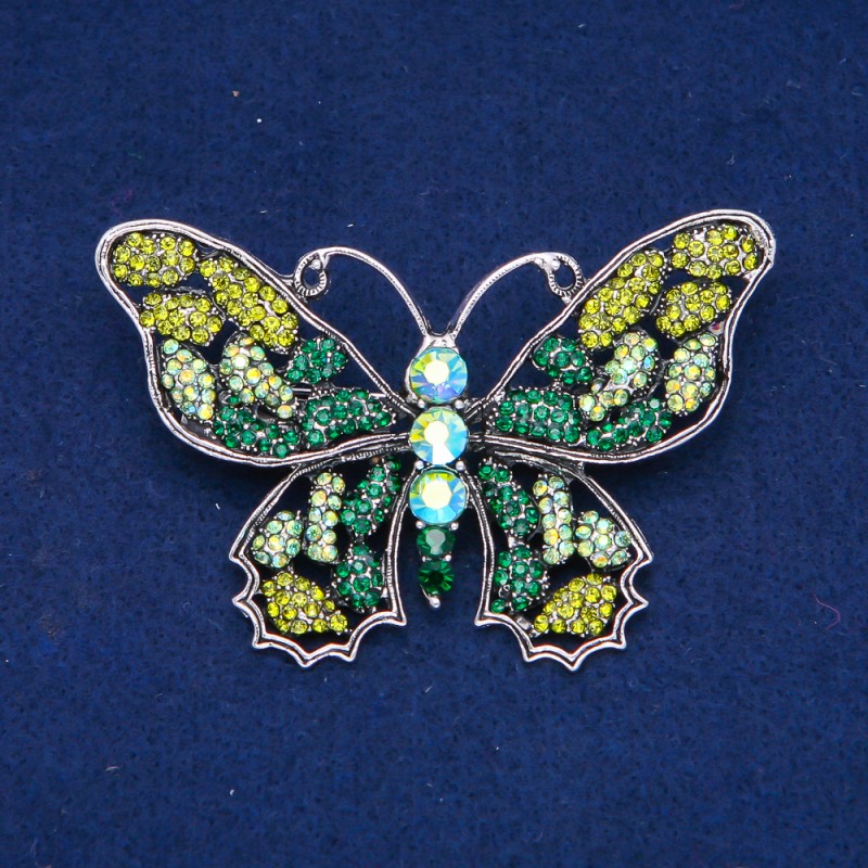 Sale! Butterfly Brooch in Silver-Colored Metal with Green, Lime, and Petrol Rhinestones 48×71 mm +