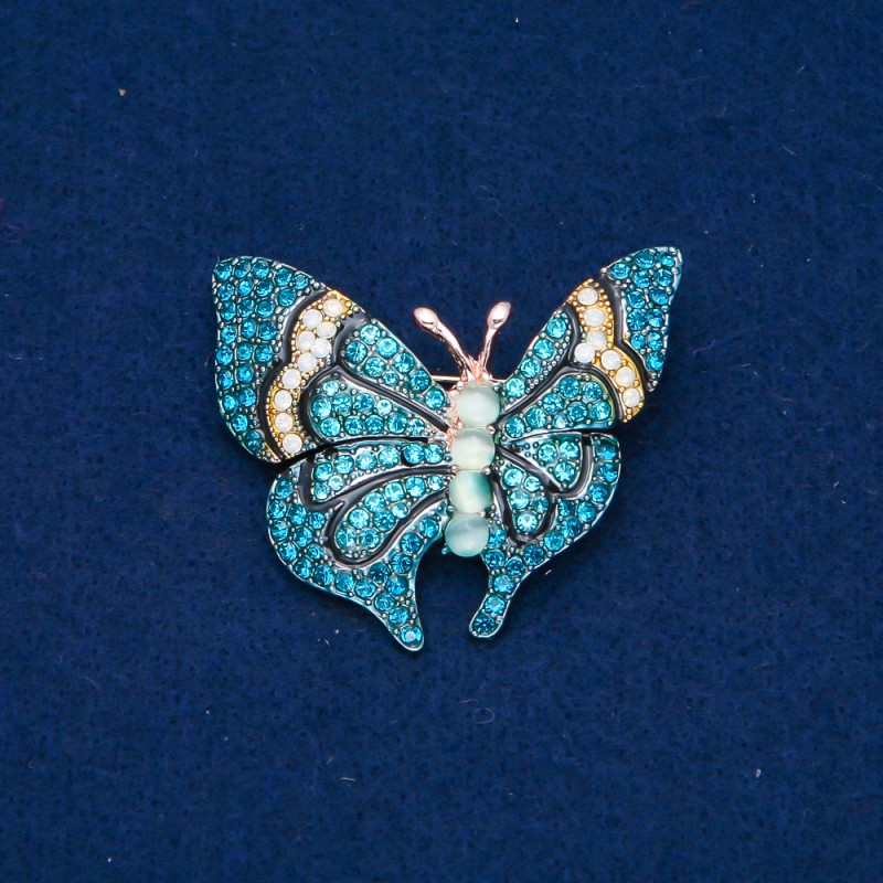 Sale! Butterfly Brooch with Gold-Tone Metal, Blue and White Rhinestones and Beads, 37×45 mm +