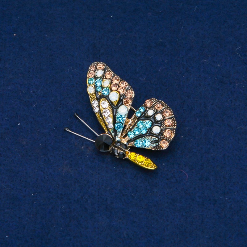 Sale! Butterfly Brooch, gold-tone metal, multicolor rhinestones, 40x28 mm +