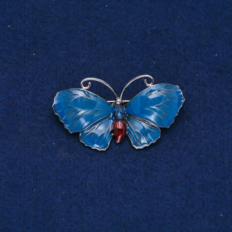 Sale! Butterfly Brooch, silver-tone metal, enamel, blue rhinestone, 48x27 mm +