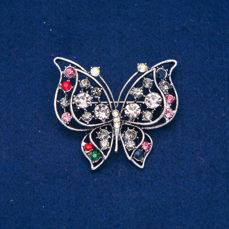 Sale! Butterfly Brooch in Silver-Tone Metal, Pink, Gray and Petrol Crystals, 46×52 mm +