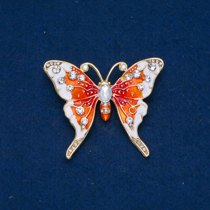 Sale! Golden Metal Butterfly Brooch with Enamel and White Crystals 43×52 mm +