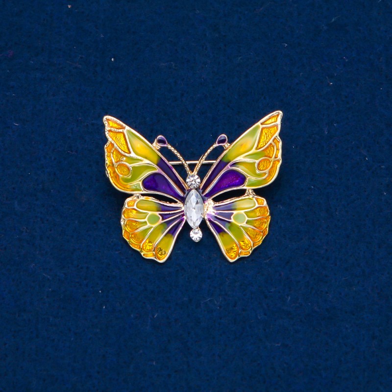 Sale! Butterfly Brooch in Gold-Tone Metal, Enamel, and White Crystal 37×30 mm +