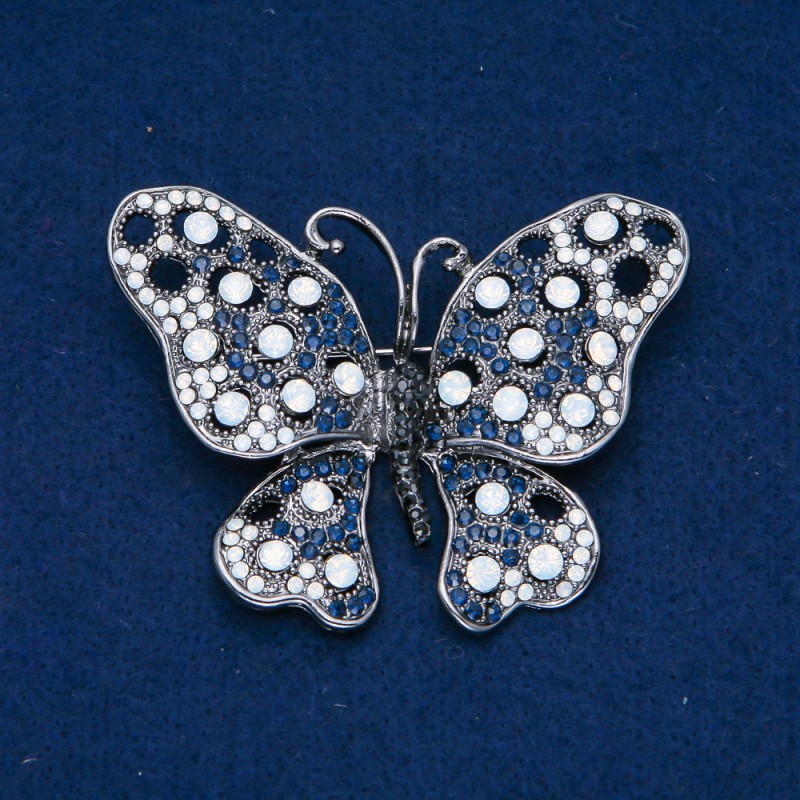 Sale! Butterfly Brooch, Silver-Tone Metal, Black, Blue and White Rhinestones, 50x66mm +