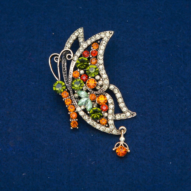 Sale! Butterfly Brooch, gold-tone metal, green and yellow crystals, 38×60 mm +