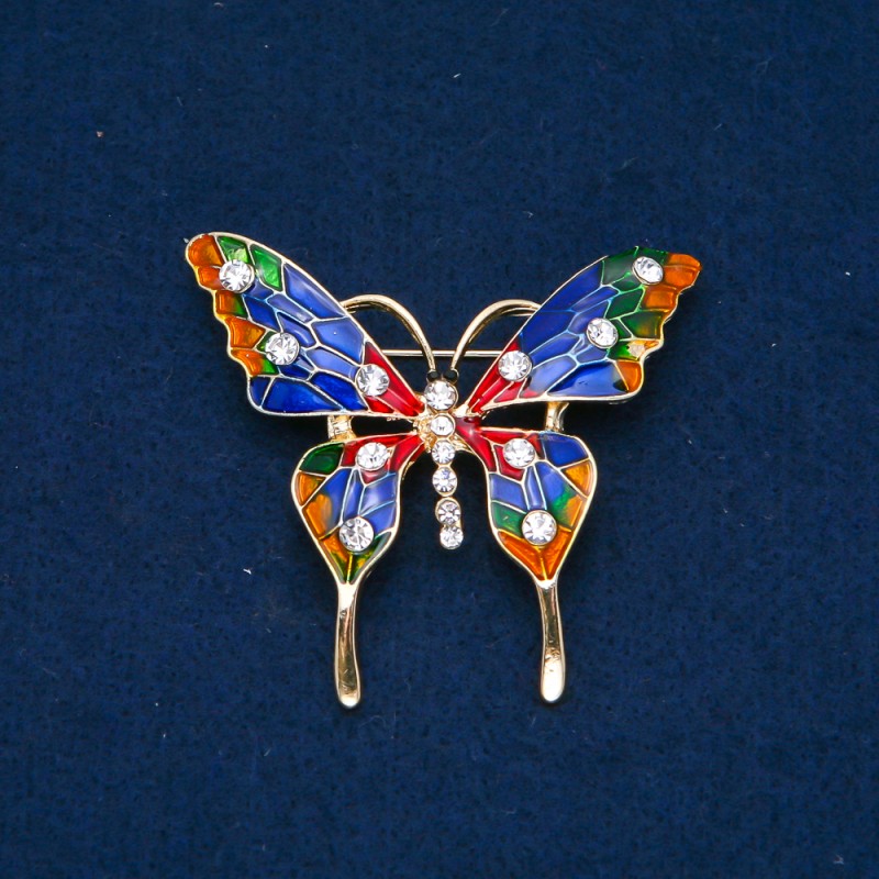Sale! Butterfly Brooch - gold-tone metal, enamel and white crystals 48x54 mm +