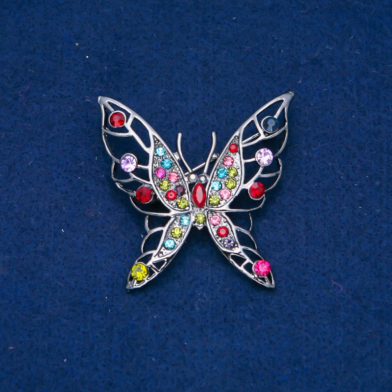 Sale! Butterfly Brooch - Silver-Toned Metal with Multicolor Rhinestones 47×46 mm +